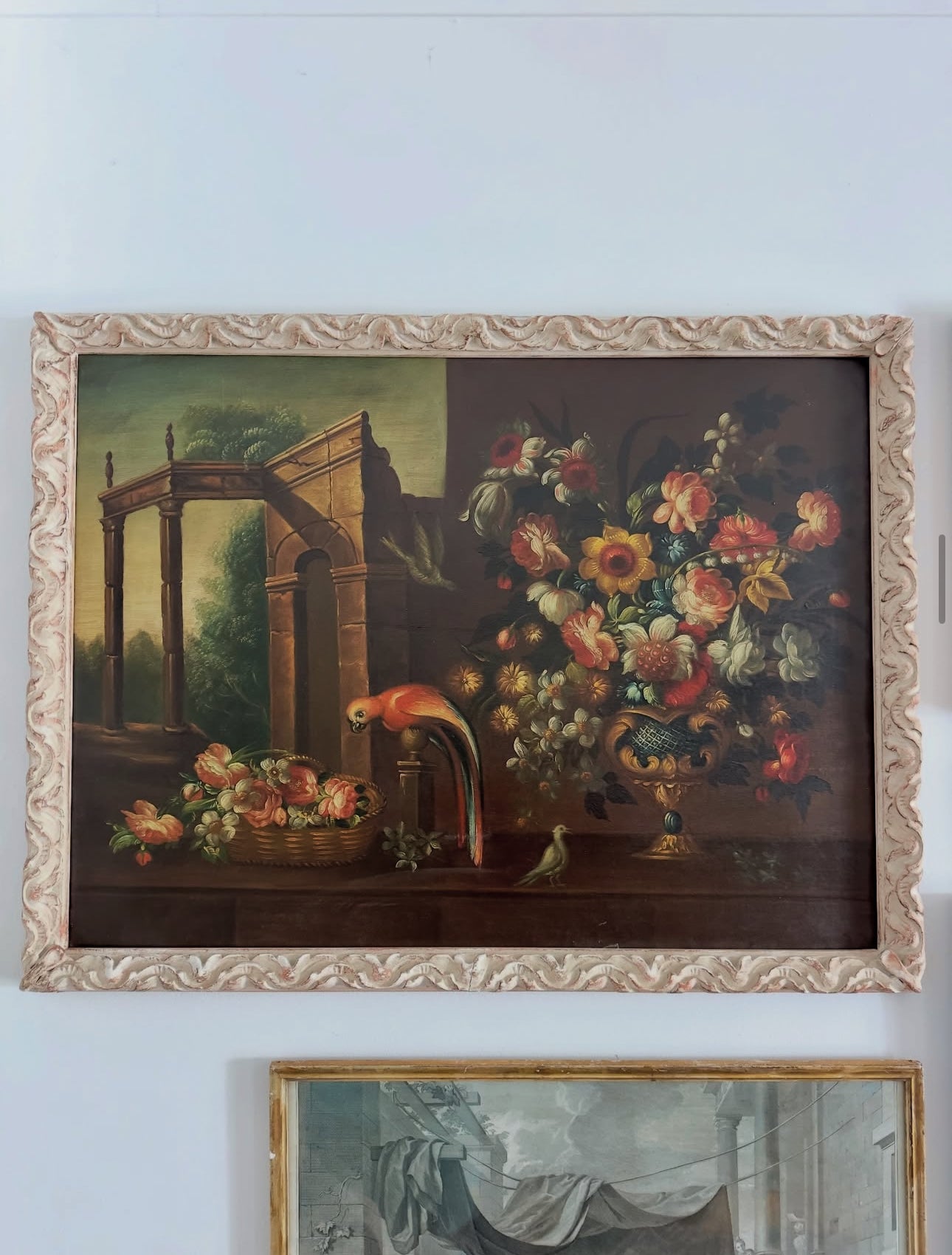 Quadro / Pintura de Pássaros, Flores e Ruínas ao gosto do Século XVII
