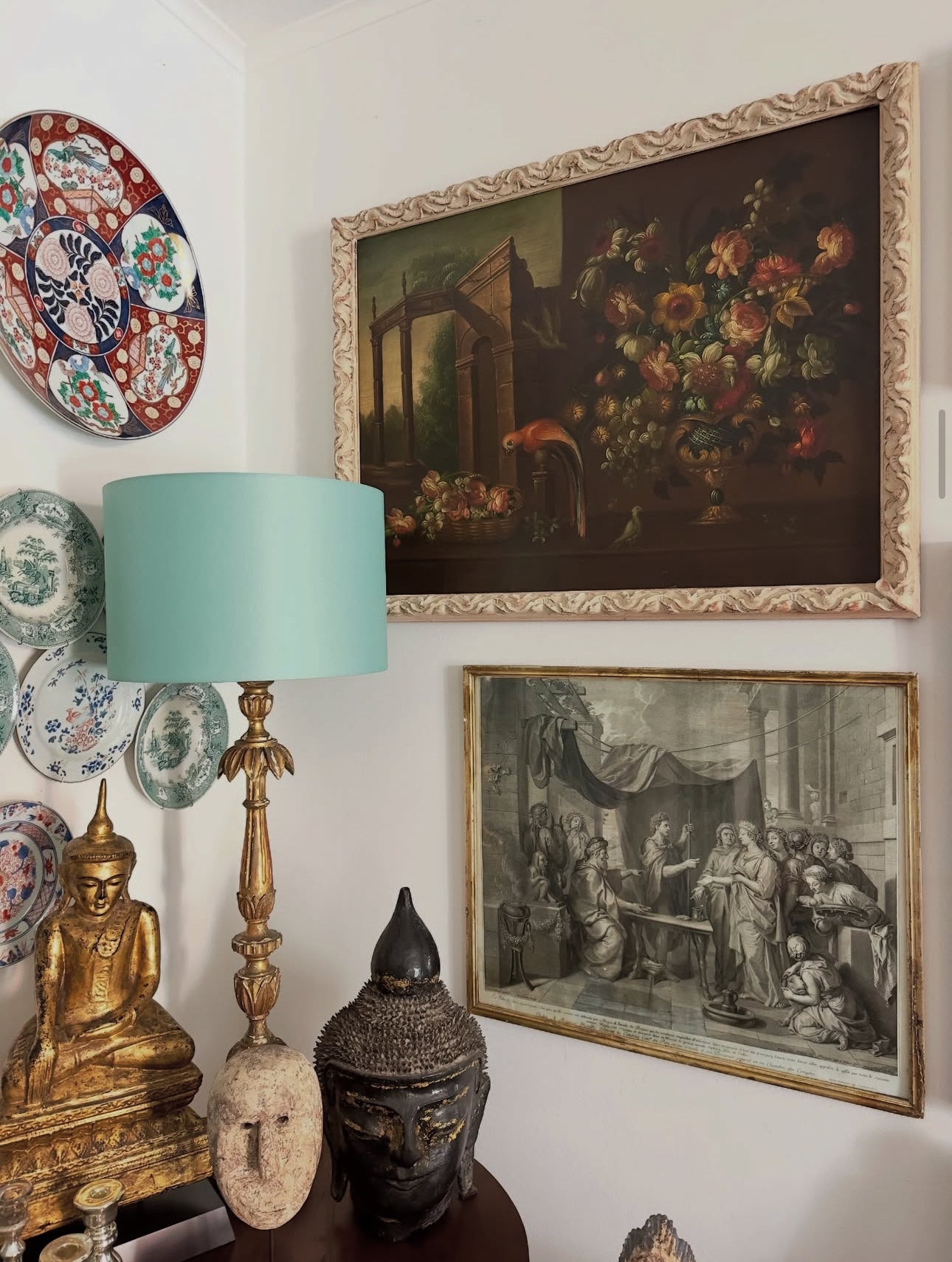 Quadro / Pintura de Pássaros, Flores e Ruínas ao gosto do Século XVII