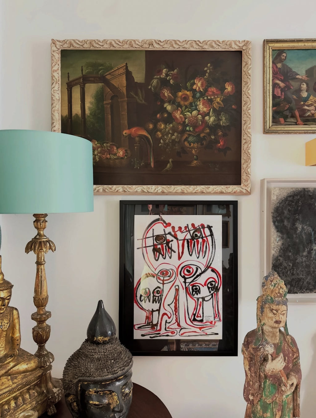 Quadro / Pintura de Pássaros, Flores e Ruínas ao gosto do Século XVII