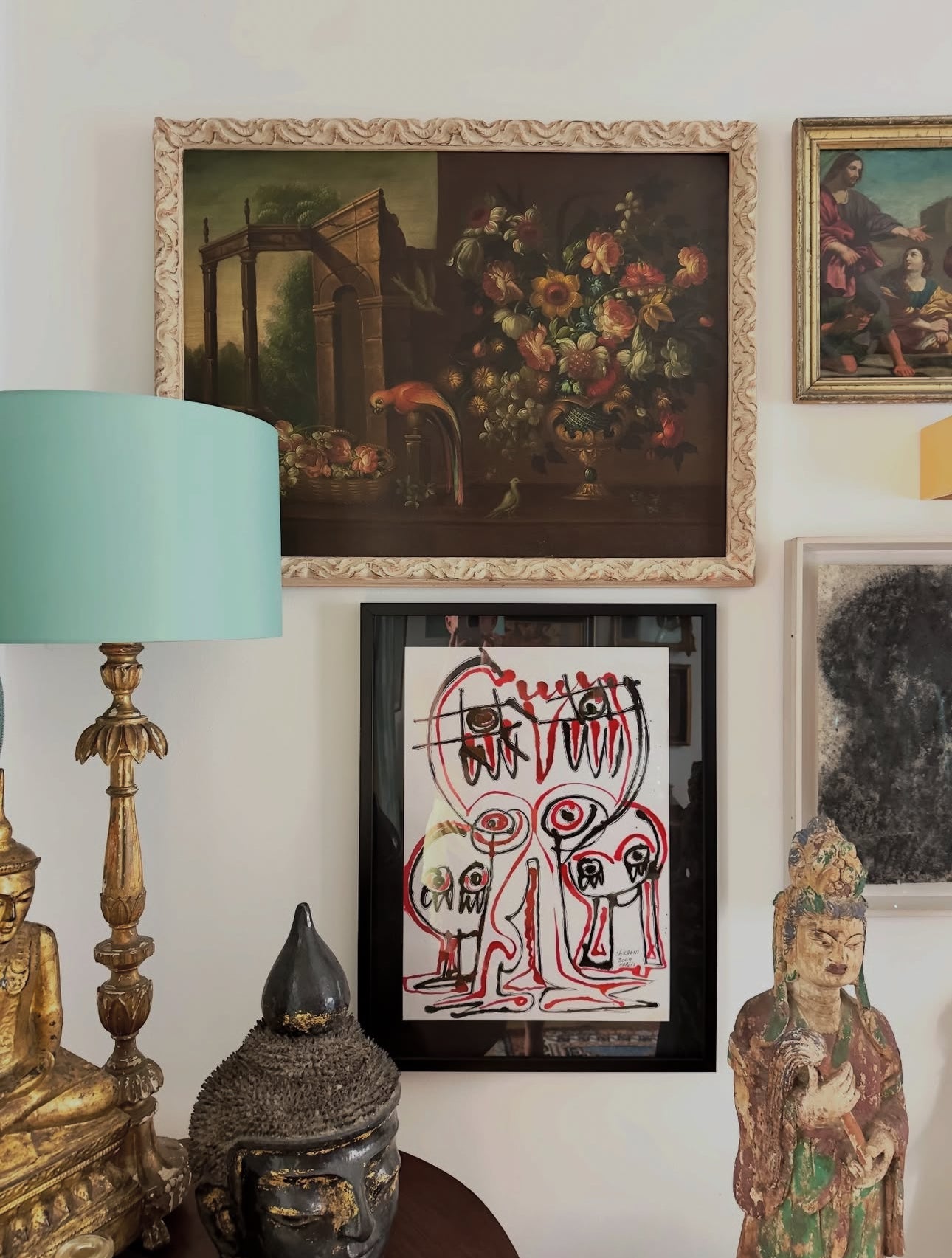 Quadro / Pintura de Pássaros, Flores e Ruínas ao gosto do Século XVII