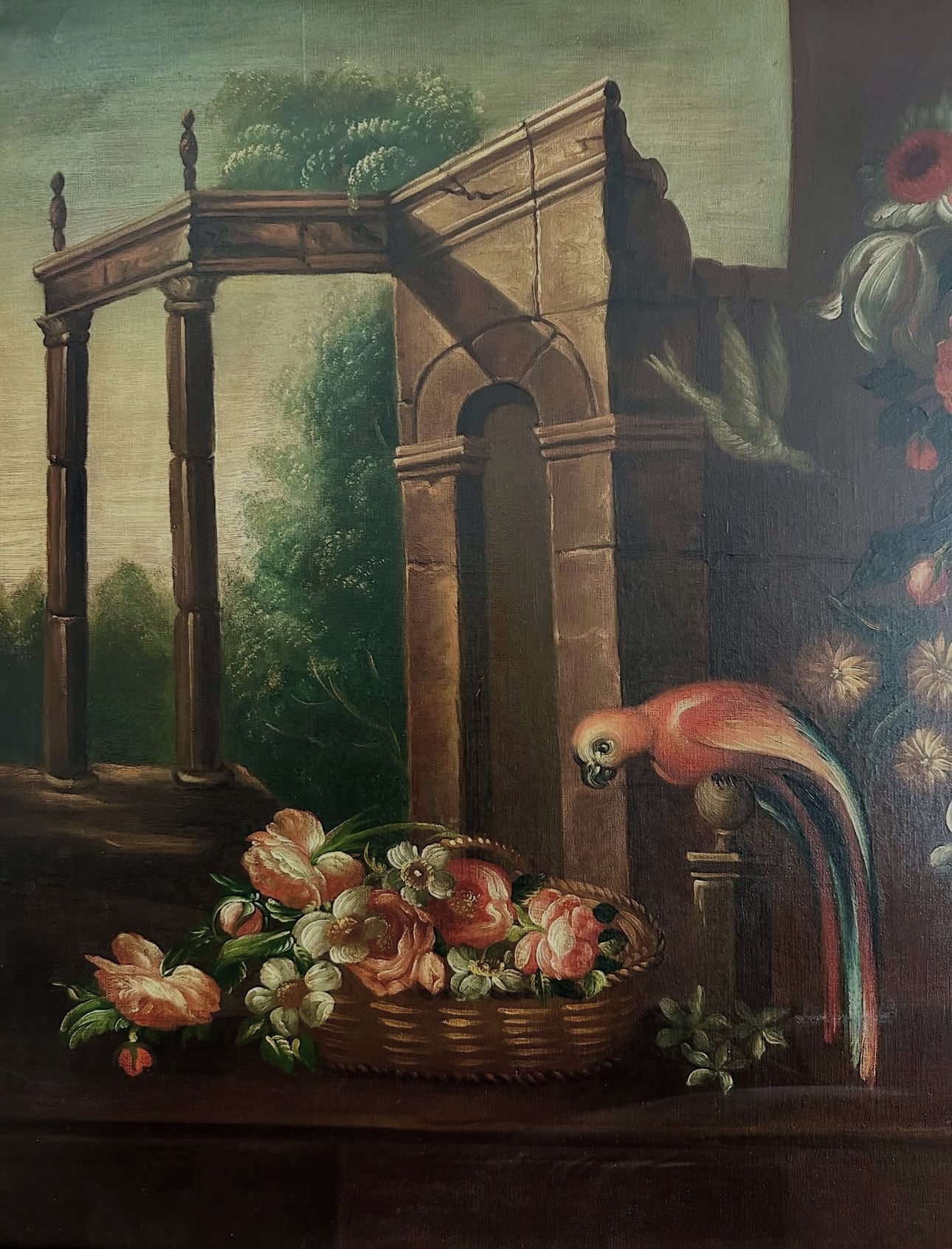 Quadro / Pintura de Pássaros, Flores e Ruínas ao gosto do Século XVII