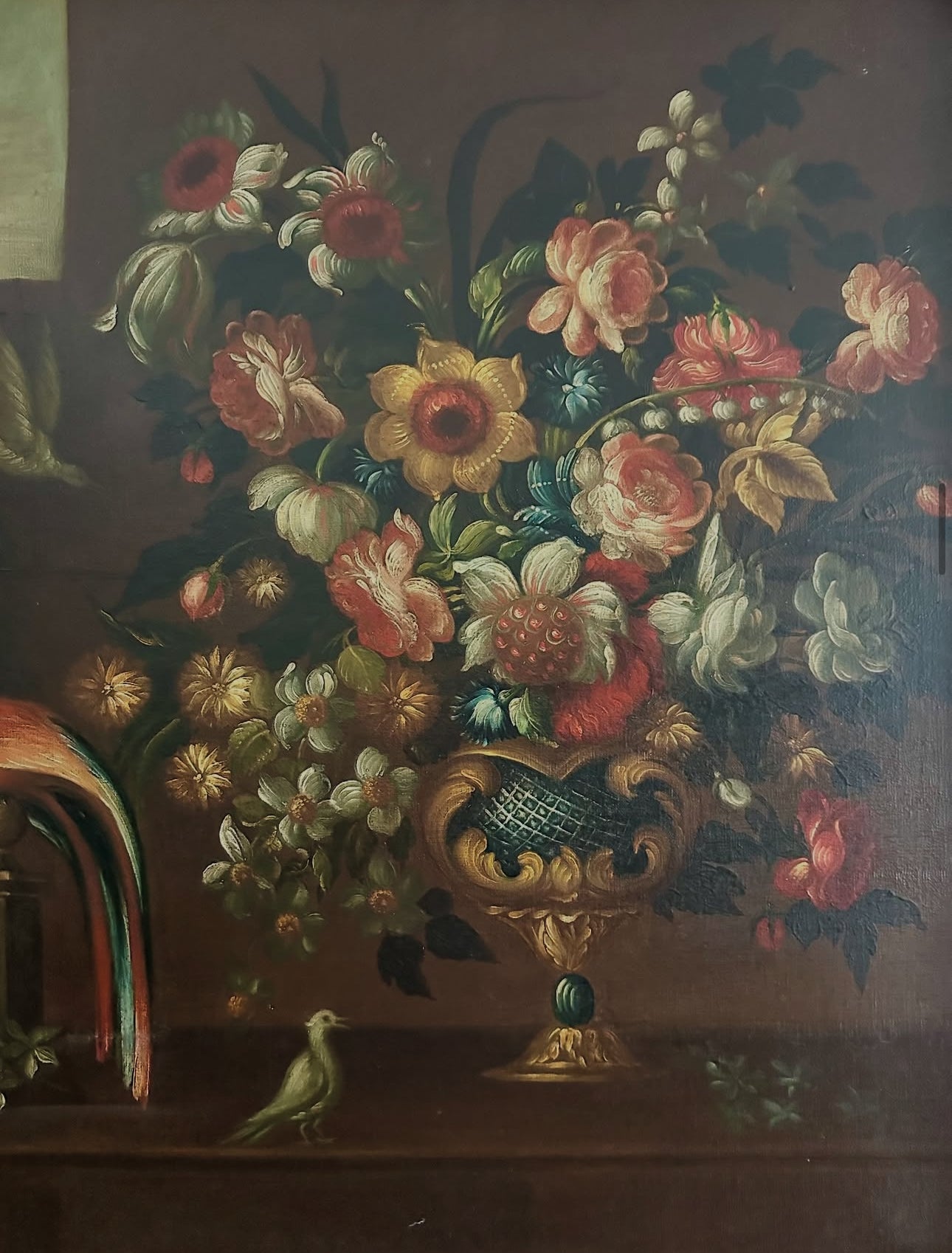 Quadro / Pintura de Pássaros, Flores e Ruínas ao gosto do Século XVII